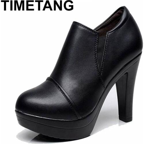 TIMETANG Genuine leather high heels deep mouth single shoes platform womens pumps spring and autumn