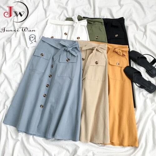 Women Elegant High Waist Midi Skirt Spring And Summer Casual Single-Breasted Solid Black White Bowknot Belt Office A-Line Skirt