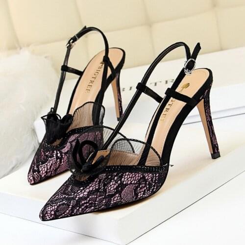 2018 New Arrival Talon Aiguilles Sexy High-heeled Shoes Pointed Toe Heels Dress Party Buckle Strap Elegant Lace Ladies Shoes