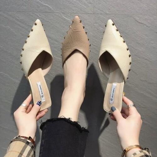 New Korean version of the rivet shallow mouth pointed high heels wearing a baotou half drag female lazy shoes