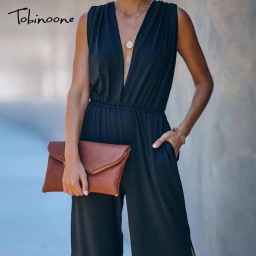 Tobinoone Deep V Neck Split Black Jumpsuit Women High Waist Lace Up Casual Sexy Playsiut Summer Sleeveless Loose Pocket Overalls