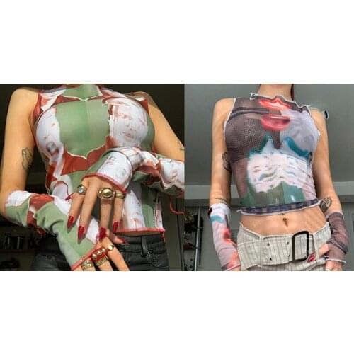 Womens Vintage Floral Printed Corset Cropped Top y2k Aesthetic Sleeveless O-Neck Mesh See-through Corset Vest Summer Streetwear