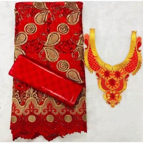 2.5+2.5Yards African Stones Lace Fabric French Net Lace Material Red Color Bazin Riche Fabric For Women Party Wedding! XM8923