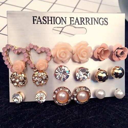 9 Pair Earrings for Women Fashion Jewelry Mixing Flower Crystal Simluated Pearl Stud Earrings Set Shiny Lots Christmas Gifts