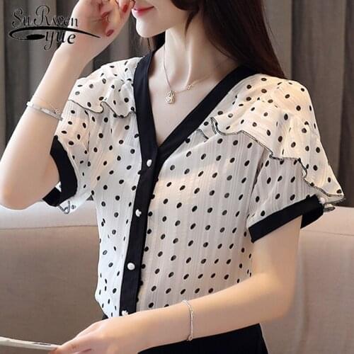 Blouses woman 2021 summer short sleeve women blouse ruffles v-neck dot chiffon blouse top female womens tops and blouses 4941 50