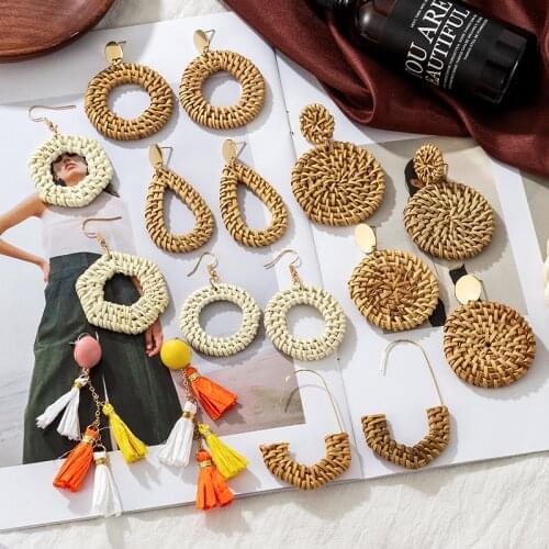 Bohemian Rattan Weaving Vintage Big Hoop Drop Earrings for Women Geometric Round Dangle Earrings 2021 Trend New Female Jewelry