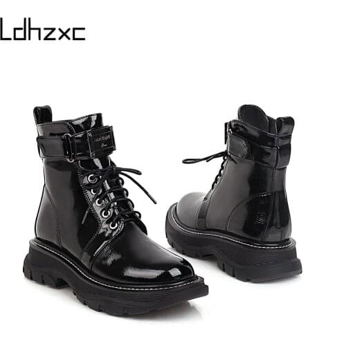 LDHZXC 2020 patent leather Ankle Boots For Women Motorcycle Black Boots Women Platform high Heel Winter Shoes Booties Zapatos