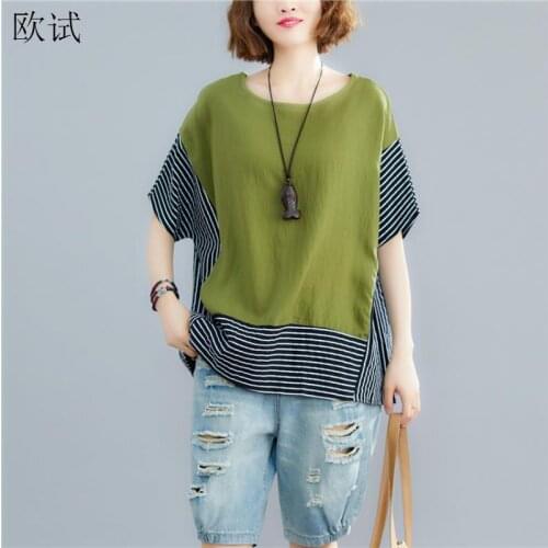 Plus Size Striped T Shirt Women Cotton Linen Korean Tshirt Patchwork Vintage T-Shirt Aesthetic Tee Shirts Femme Woman Top Summer