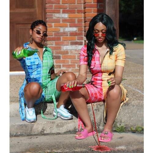 Plaid Print Patchwork Playsuit Women Zipper Streetwear Jumpsuit Female One Piece Outfit Bodycon Short Sleeve Romper Ladies