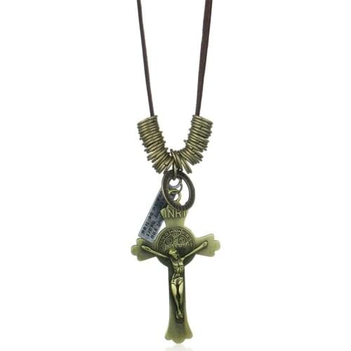 Crucifix Jesus Pendant Necklace Saint Benedict Medal Adjustable Leather Chain Necklace Religious Choker Statement Jewelry Gift