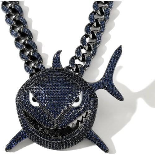 Iced Out Large Size Dark Blue Shark Pendant 4Colors AAA Zircon Necklace For Men Women Gifts Hip hop Jewelry
