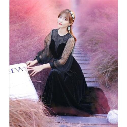 Long-sleeved big swing dress Autumn and winter retro O-neck temperament high waist mesh stitching lantern sleeve dress