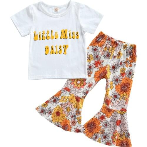 Girls Casual Clothes Set White Round Collar T-shirt and Floral Printed Pattern Flared Pants