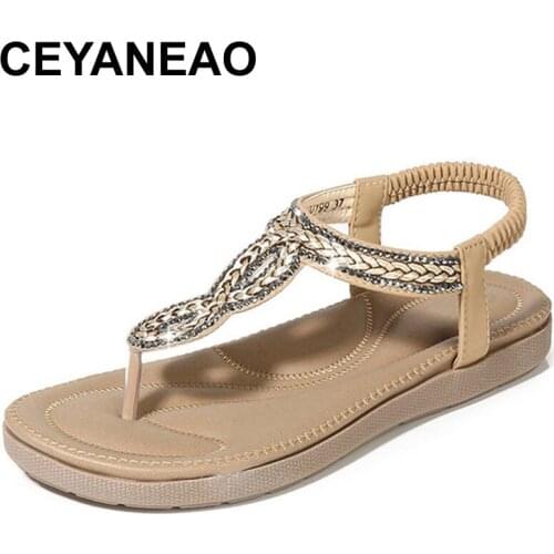 CEYANEAO Sandals-gladiators with straps, collection of 2019, womens summer shoes on a flat platform with artificial rhinestones