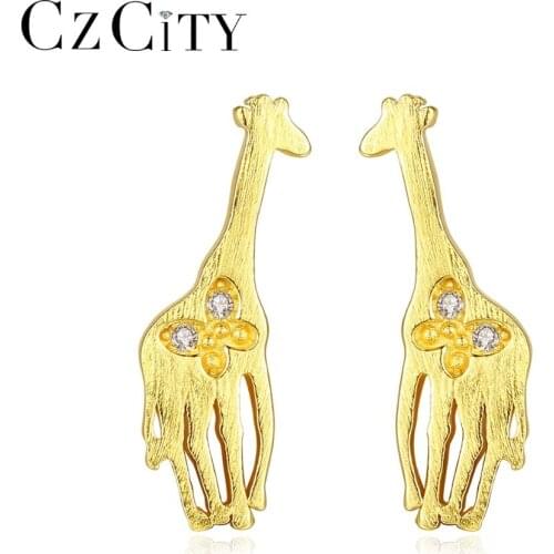 CZCITY Korean Genuine 925 Sterling Silver Cute Butterfly Giraffe Animal Stud Earrings for Women Brushed Earrings Fine Jewelry