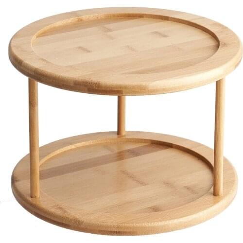 T3EC Round Bamboo Turntable Cabinet Organizer 2 Tier Spice Rack Removable Spinning Tray Organizer for Kitchen Cabinet Shelf