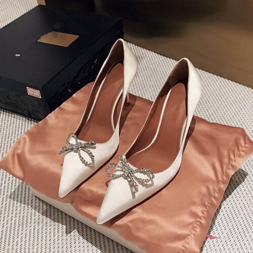 Pointed Toe Woman Pumps Stiletto High Thin Heels Slip On Wedding Dress Runway Shoe Female Satin Chic Women Shoes Crystal Decor