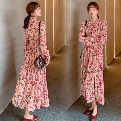 Vintage Floral Chiffon Dress Pleated 2021 Spring Bowknot Neck Sweet Korean Long Dress For Women Elegant Slim Femme Robe zh534