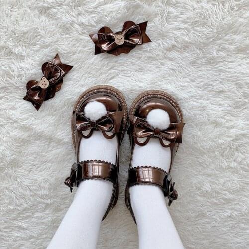 Japanese Lolita Shoes Pu Leather Jk Lovely Girl Student Kawaii Sweet Big Round Head Waterproof Loli Shoes Anime Cosplay Bowknot