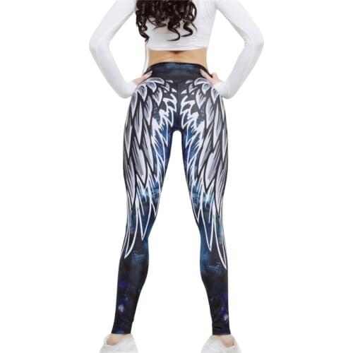 NORMOV Fitness Women Leggings Workout Mid Waist Elastic Push Up Wing Print Ankle Length Spandex Leggin Casual Femme Leggings