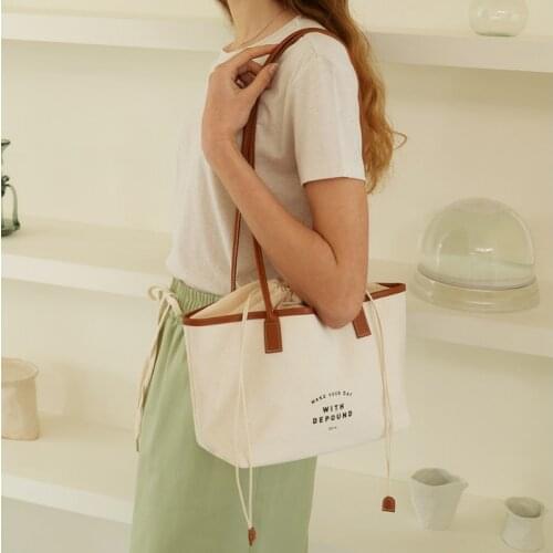 Women Drawstring Shoulder Bags Solid Color Handbags Casual Fashion Tote Canvas Crossbody Bag Cute Shopping for Ladies 2021 New