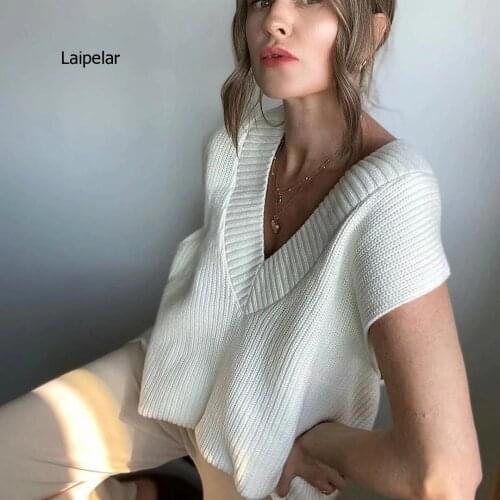 V Neck Sleeve White Knitted Autumn Winter Women Sweater Vests Casual Loose Outwear Solid Sweater Preppy Style Vests