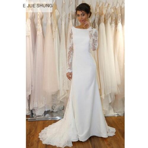 E JUE SHUNG White Lace Mermaid Wedding Dresses 2020 Modest Long Sleeves Bride Dresses vestido de noiva robe de mariee