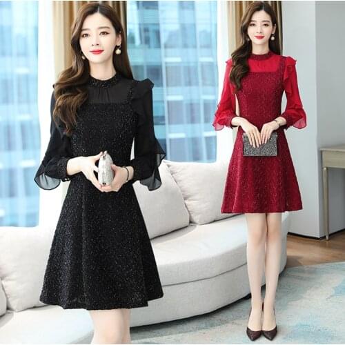 Plus Size Vintage Korean Long Sleeve Dress 2021 Autumn Winter Black Sexy Club Mini Dress Women Bodycon Red Solid Party Vestidos