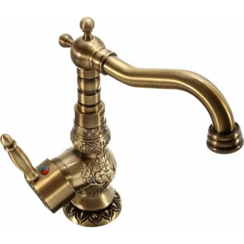 Free ship single hole Swivel Spout Antique Brass Bathroom Faucet Flowers Carved Vessel Sink Mixer Tap