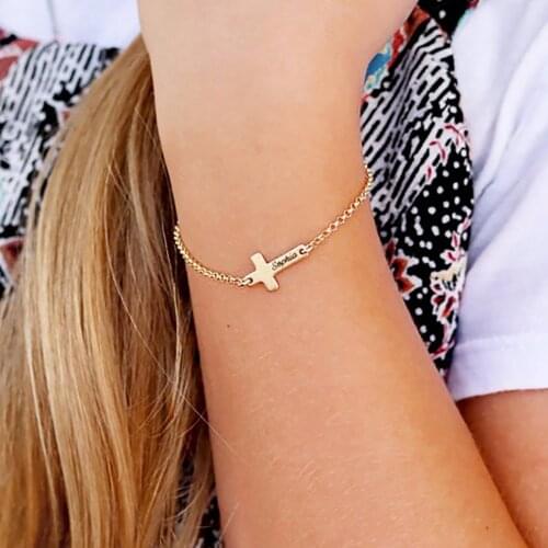 HUHUI Custom Name Bracelet With Cross Personalized Engraved Letter Stainless Steel Jewelry For Women Unisex Anniversary Gift