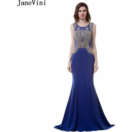 JaneVini Elegant Royal Blue Bridesmaid Dresses 2018 Scoop Neck Satin Luxury Dubai Prom Dress Crystal Beaded Mermaid Party Gowns