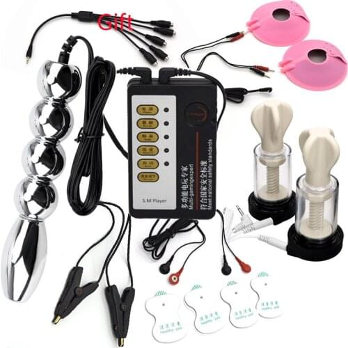 Electro Shock Metal Bead Anal Vaginal Plug Electric Stimulate Nipple Sucker Clamps Breast Body Massage Pad Sex Medical Toy Kit