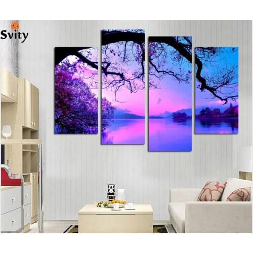Giveaway wall sticker 4 Panel purper Tree Picture Canvas Abstract Printed Landscape oil Painting For Living Room home decor