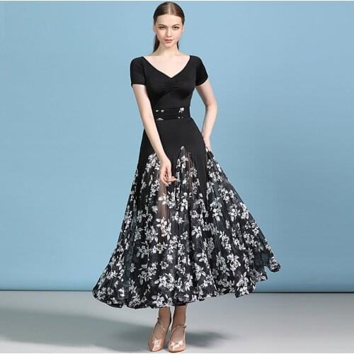 H2591 Adult Modern Dance Dress Women National Standard Ballroom Dance Short Sleeve Big Hemline Professional Performance Costumes