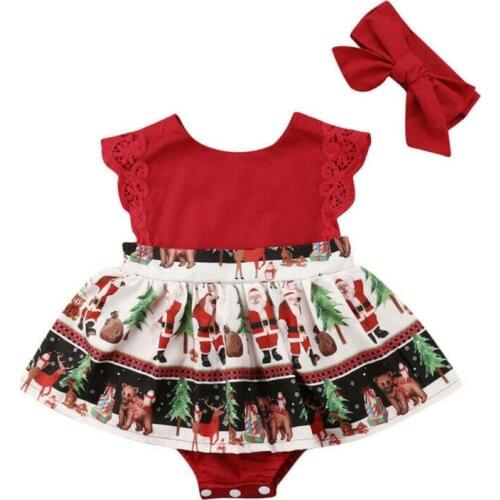 2PCS Newborn Baby Girl Xmas Romper Jumpsuit Dress Outfits Headband Lace Sleeve Christmas Clothes