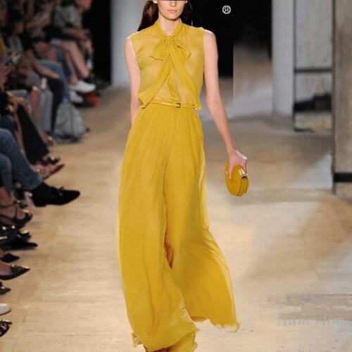 Summer Long Pants Suit Women New Fashion Slim Fit Sleeveless Chiffon Top + Wide Leg Trousers Two-Piece Set for Lady Yellow