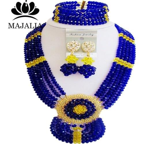 Majalia Fashion Nigeria Wedding African Beads Jewelry Set Royal blue and Yellow Crystal Necklace Bridal Jewelry Sets 6DN045