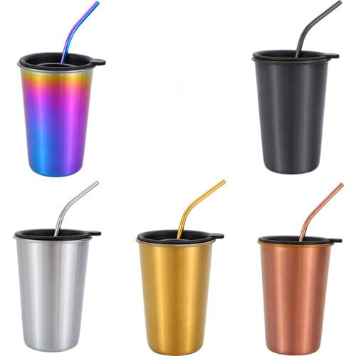 500ml 304 Stainless Steel Coffee Mugs Set Metal Straw Reusable Outdoor Camping Travel Mug Drinking Juice Milk Tea Beer Cups