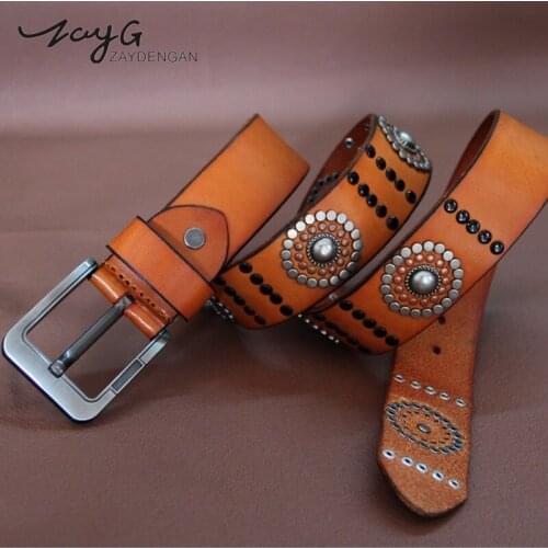ZAYG Fashion Punk Metal Sun Round Women&Men Belt Hip Hop Gothic Leather Belt Rivet Unisex Jeans Rock Personality Strap