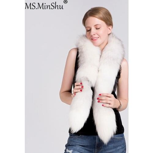 MS.Minshu Natural Fox Fur Scarf Big Fox Skin Tail Thicken Fluffy Fur Scarf Men Women Luxury Plush Scarf
