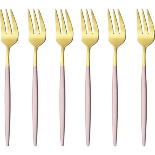 6/12Pcs Pink Gold Tea Fork Set Stainless Steel Cutlery Tableware For Fruit Salad Flatware Cutlery Kitchen Dessert Cake Forks
