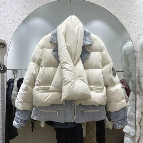 Denim Stitching Quilted Feather Coat Korean Winter Down Jacket Women Warm Female Vintage Short Parkas With Bib High Quality