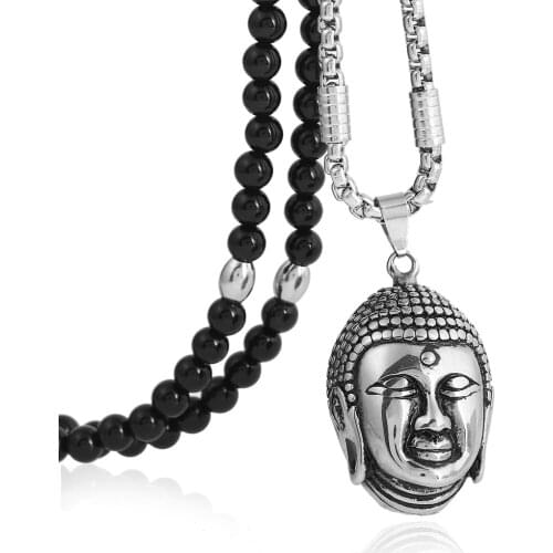 Punk 316L Stainless Steel Calm Meditating Buddha Head Pendant Necklace with Black Natural Stone Chain 26"