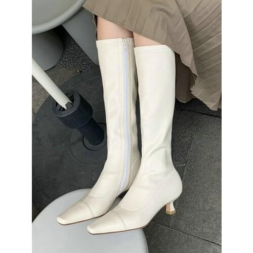 EshtonShero Shoes Woman Winter Stretch Fabric Knee High Boots Zipper Med Heels Women Platform Ladies Riding Boots Size 3-9