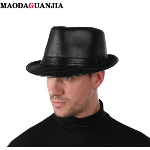 New Leather Fedora Hats Vintage Jazz Cap, Cowboy Gentleman Bowler Short Brim Floppy Trilby Panama Hat Hip Hop Black Cap Men Wome