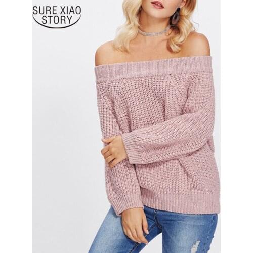 Solid Color Horizontal Neck Long Sleeve Womens Sweater European and American New Winter Sexy Womens Knitwear Pullover 11627