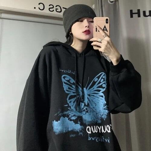 Sweater women autumn and winter Harajuku jacket high street top women T-shirt Y2K red butterfly letter printed top loose hooded
