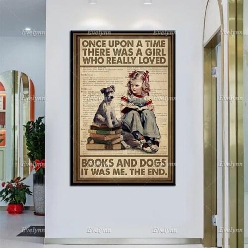 There Was A Girl Who Really Loved Books And Dogs | Love Reading Poster, Books And Dog Prints, Books Girl Home Decor,Wall Art