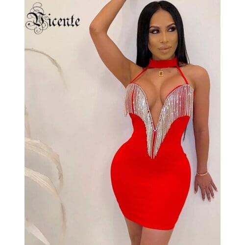 VC Free Shipping Beads Tassel Dress Halter V Neck Spaghetti Strap Bodycon Vestidos Celebrity Christmas Party Bandage Dress