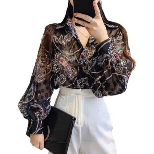 Embroidered Blouse 2021 New Female Lantern Sleeve Shirt Fairy Spring Autumn Lapel Retro Chiffon Floral Shirts For Women 150A